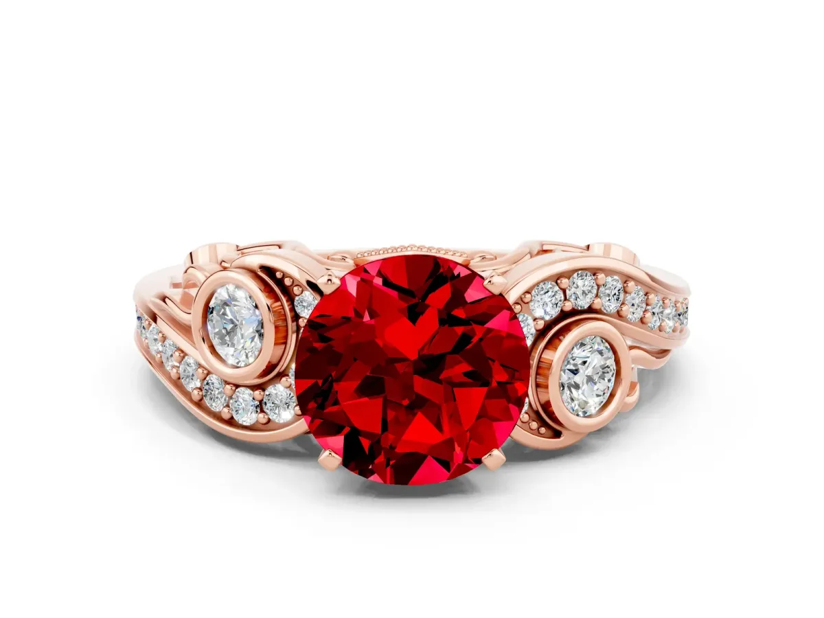 Round Cut Ruby Solitaire Ring with Milgrain Pavé Band and Four-Prong Setting Rose gold