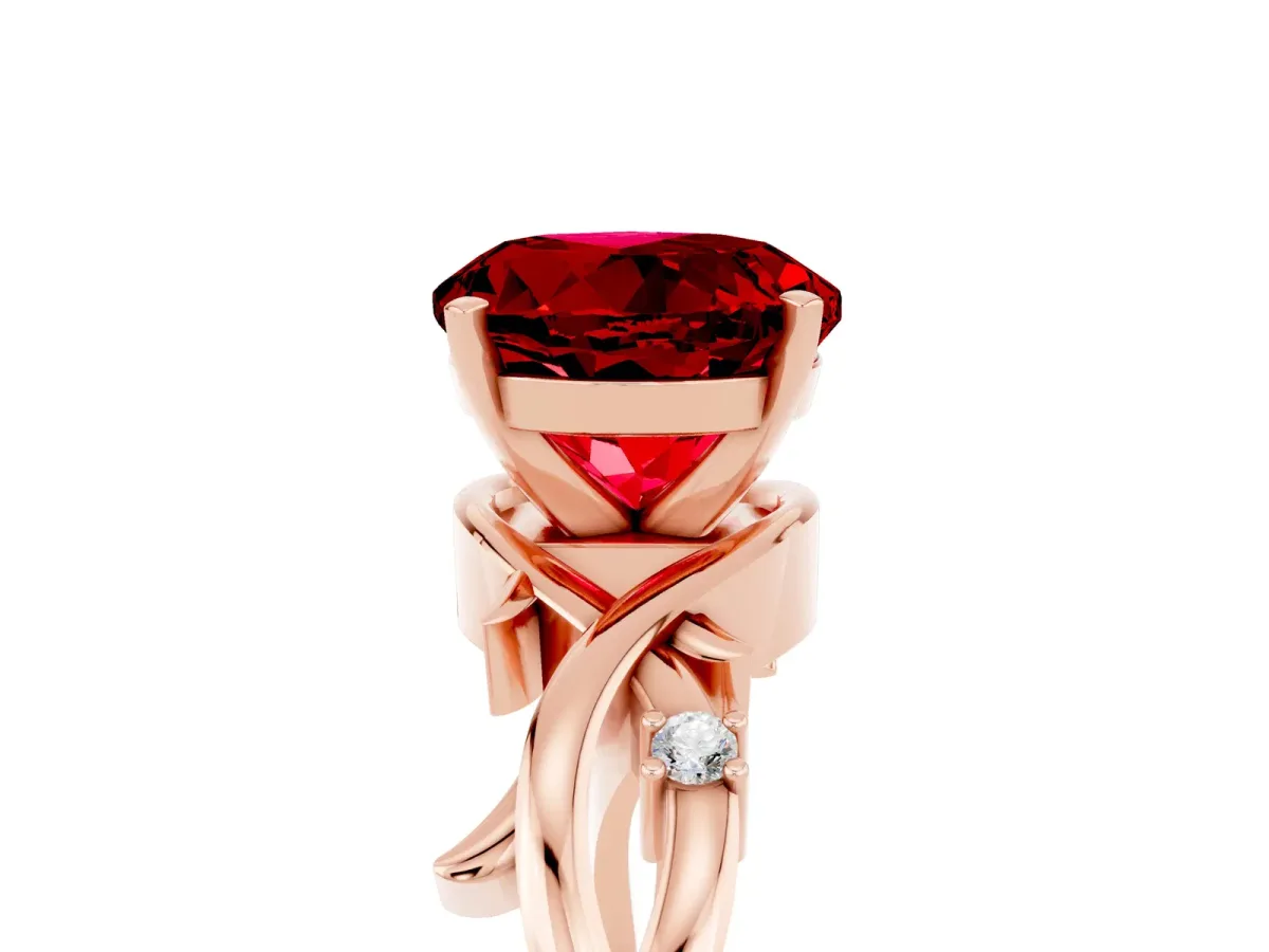 Round Cut Ruby Solitaire Ring with Twisted Band and Prong Setting Rose gold