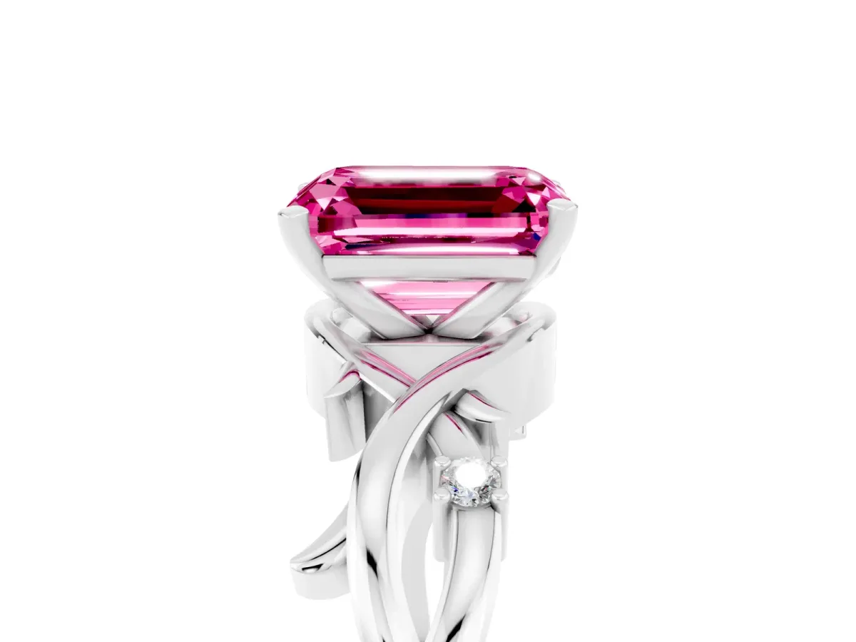 Emerald Cut Pink Sapphire Solitaire Ring with Twisted Band and Prong Setting Silver