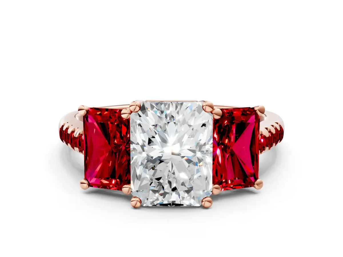 Three-Stone Radiant Cut Diamond Ring with Round Ruby Pavé Band and Prong Setting Rose gold
