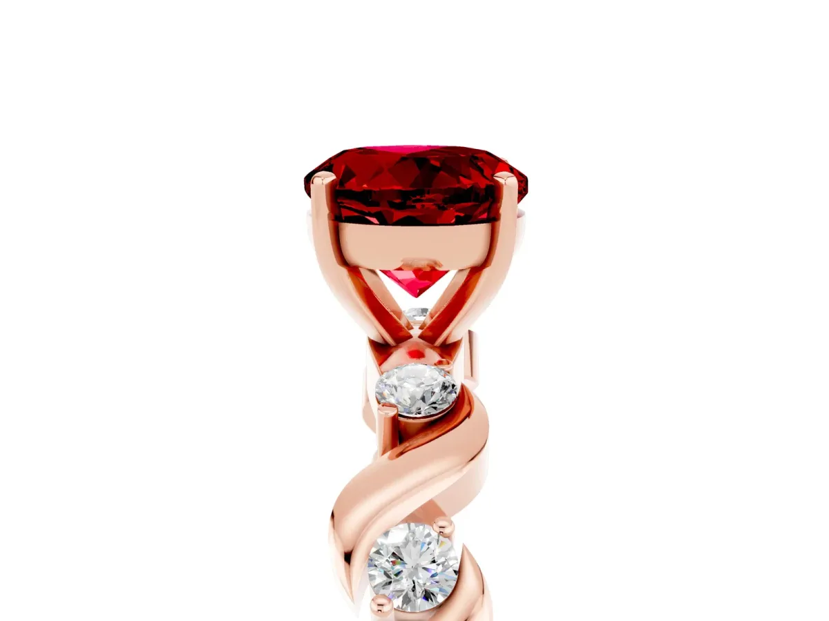 Round Cut Ruby Solitaire Twisted Band with Round Accents and Prong Setting Rose gold
