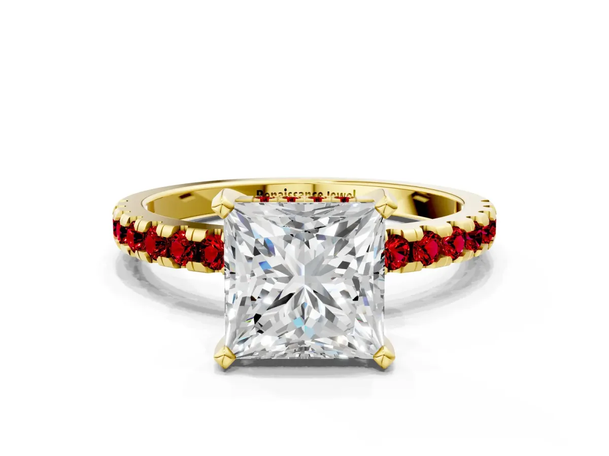 Princess Cut Diamond Solitaire Ring with Round Ruby Pavé Band and Four-Prong Setting Yellow gold
