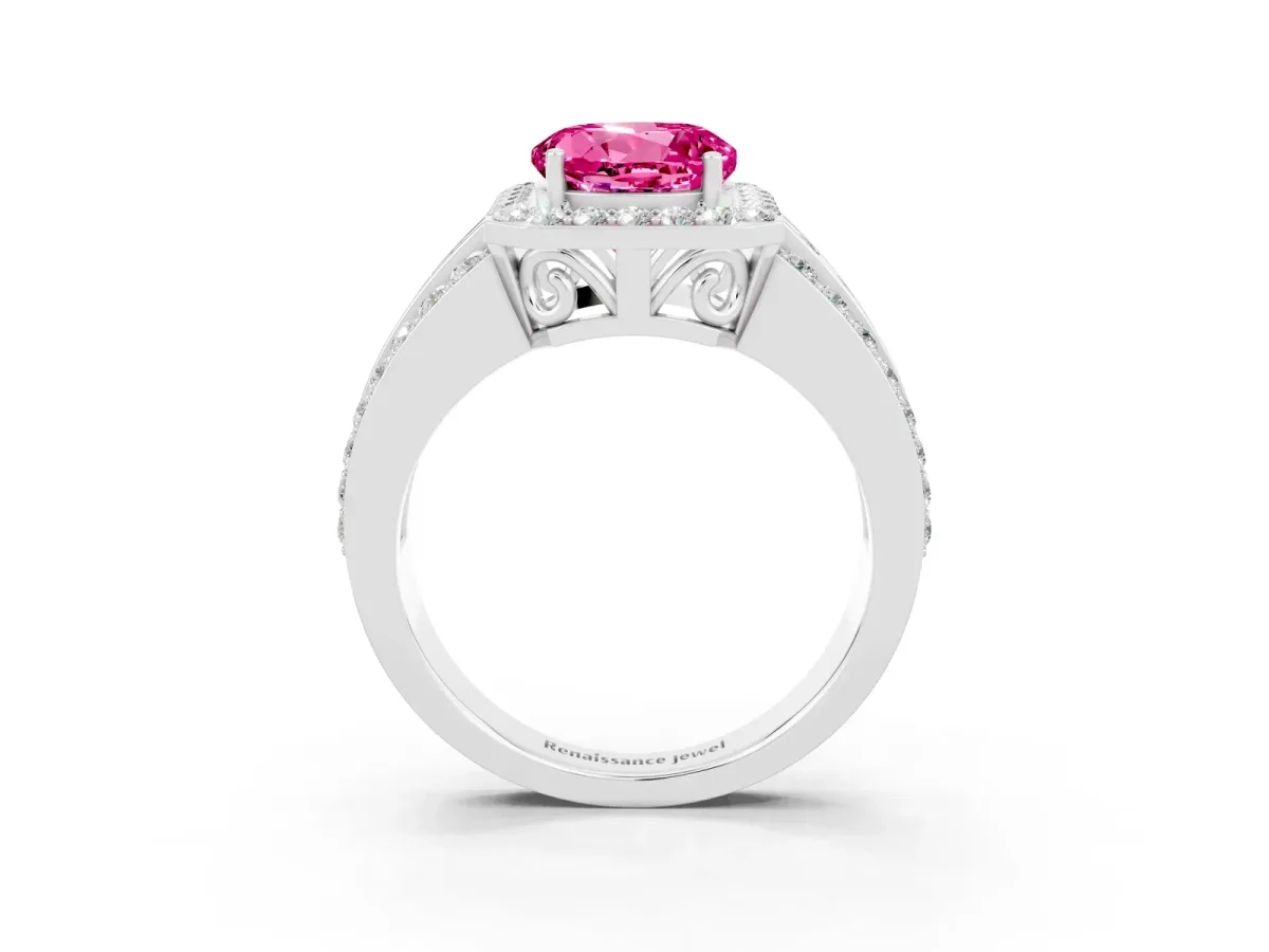 Round Cut Halo Pink Sapphire Ring with Round Split Shank and Prong Setting Platinum