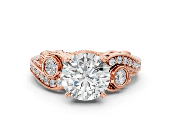 Round Cut Diamond Solitaire Ring with Milgrain Pavé Band and Four-Prong Setting Rose gold