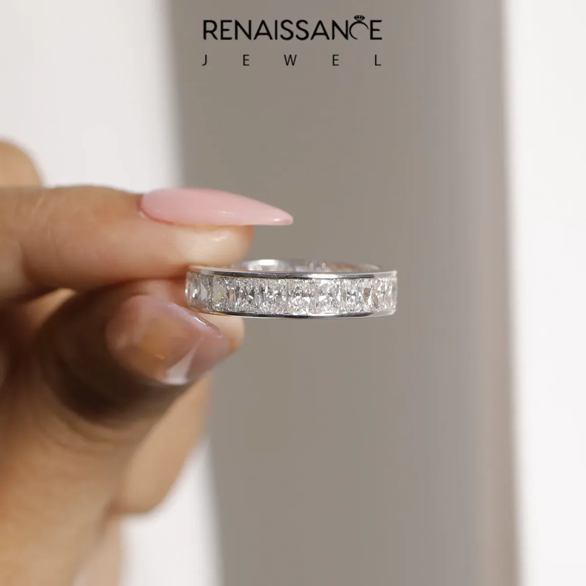 radiant Cut eternity band with channel set White gold