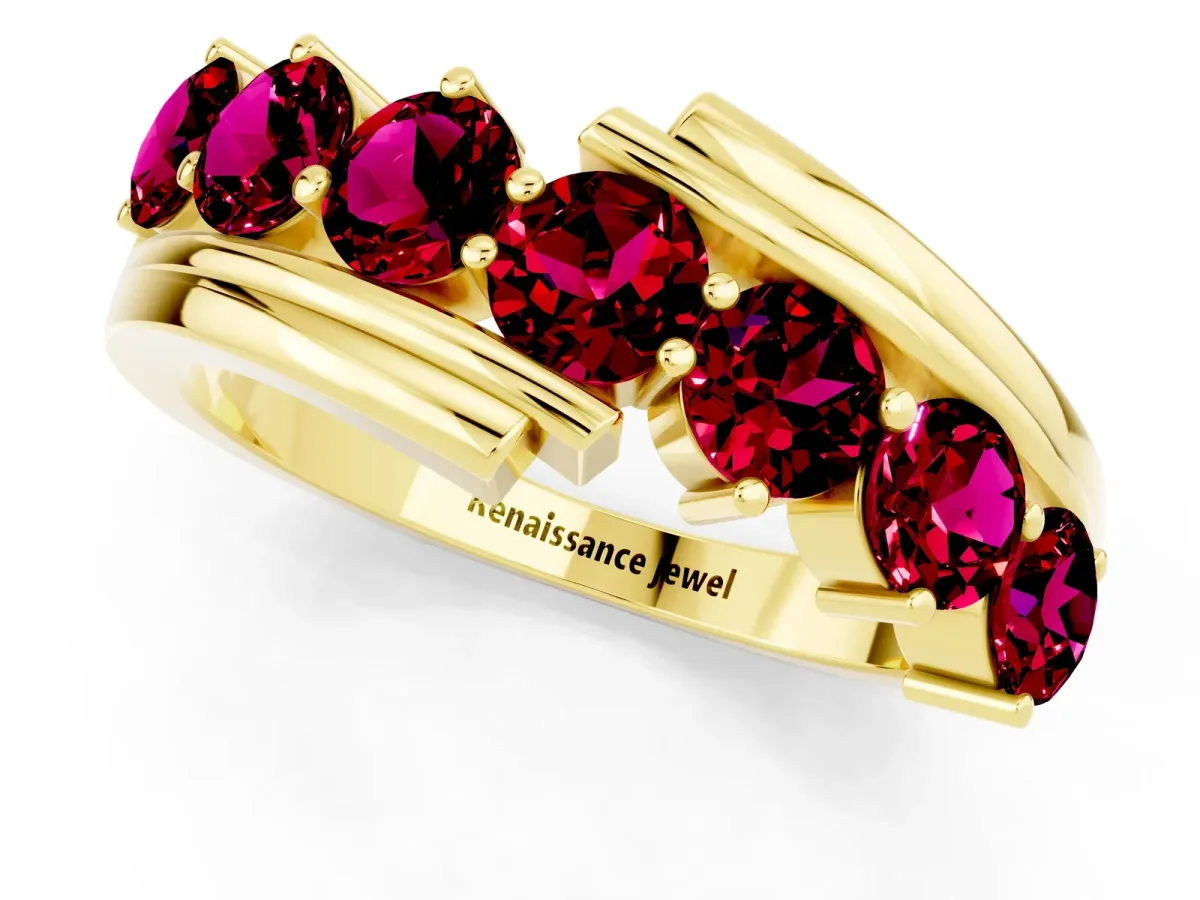 Round Garnet Wave Band with Channel and Shared Prong Setting Yellow gold