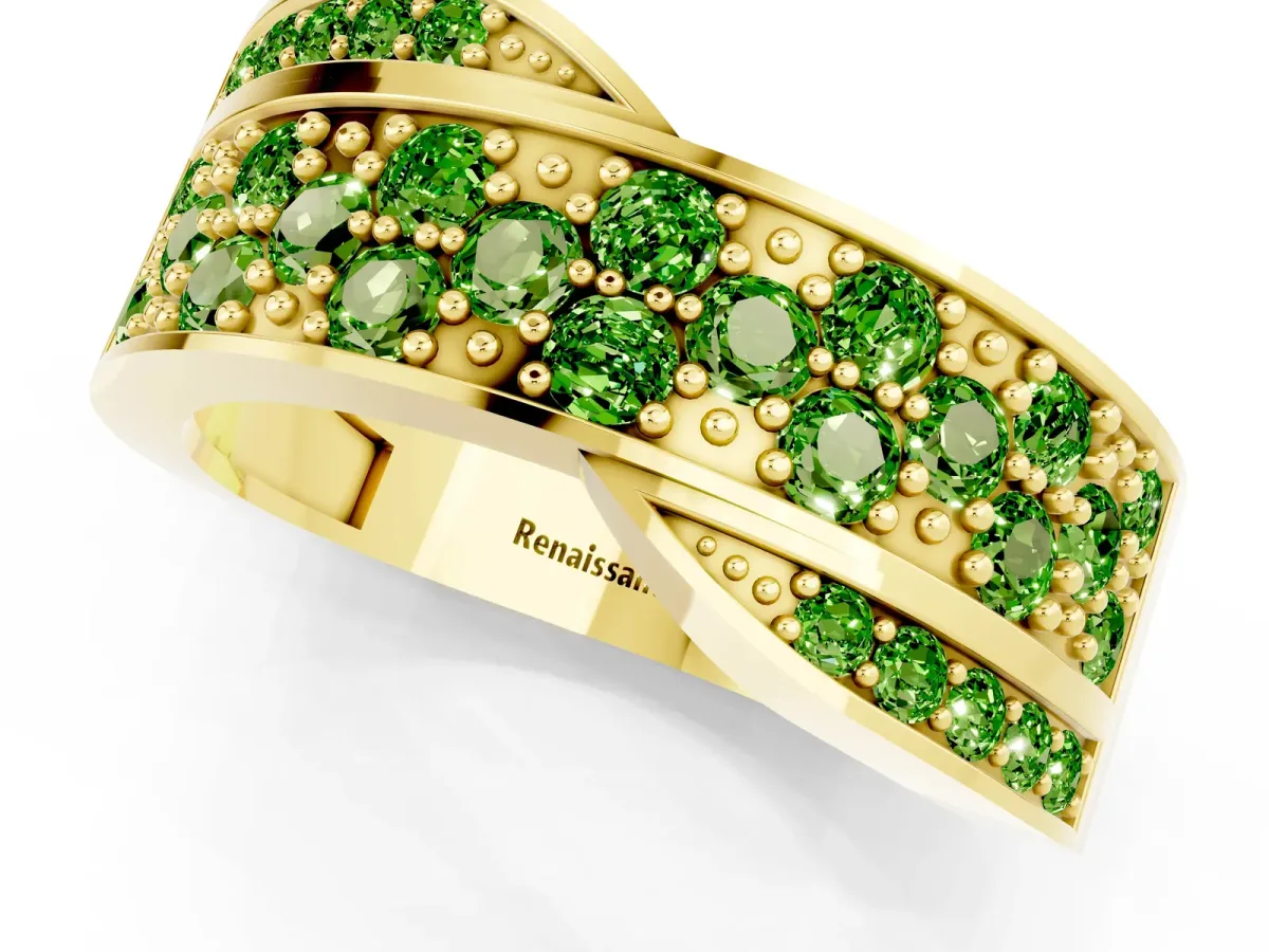 Pavé Round Peridot Crossover Band with Bead Prong Setting Yellow gold