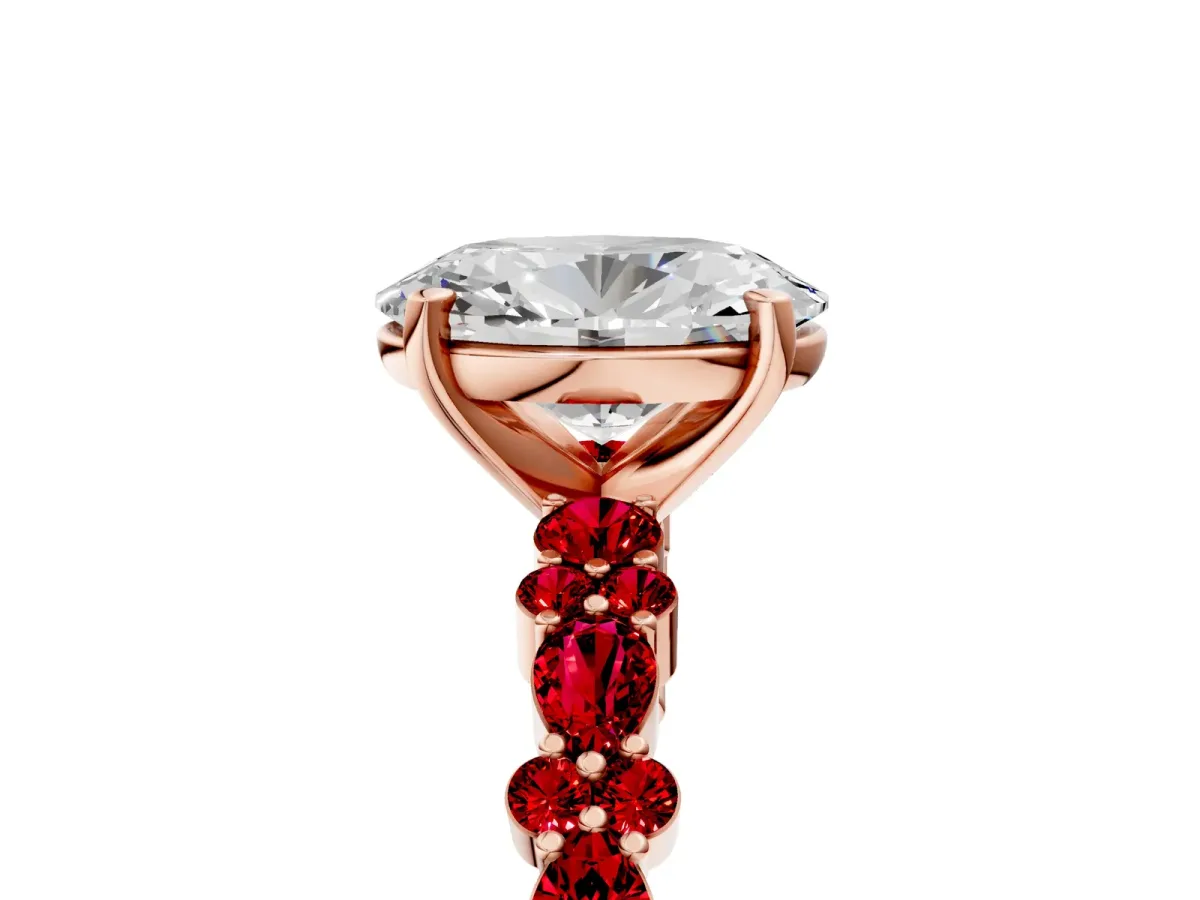 Oval Cut Diamond Side Stone Solitaire Ring with Round Ruby and Four-Prong Setting Rose gold