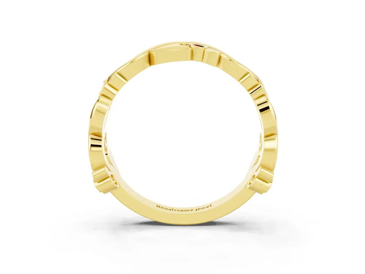 Round Garnet Leaf Eternity Band with Bezel Setting Yellow gold