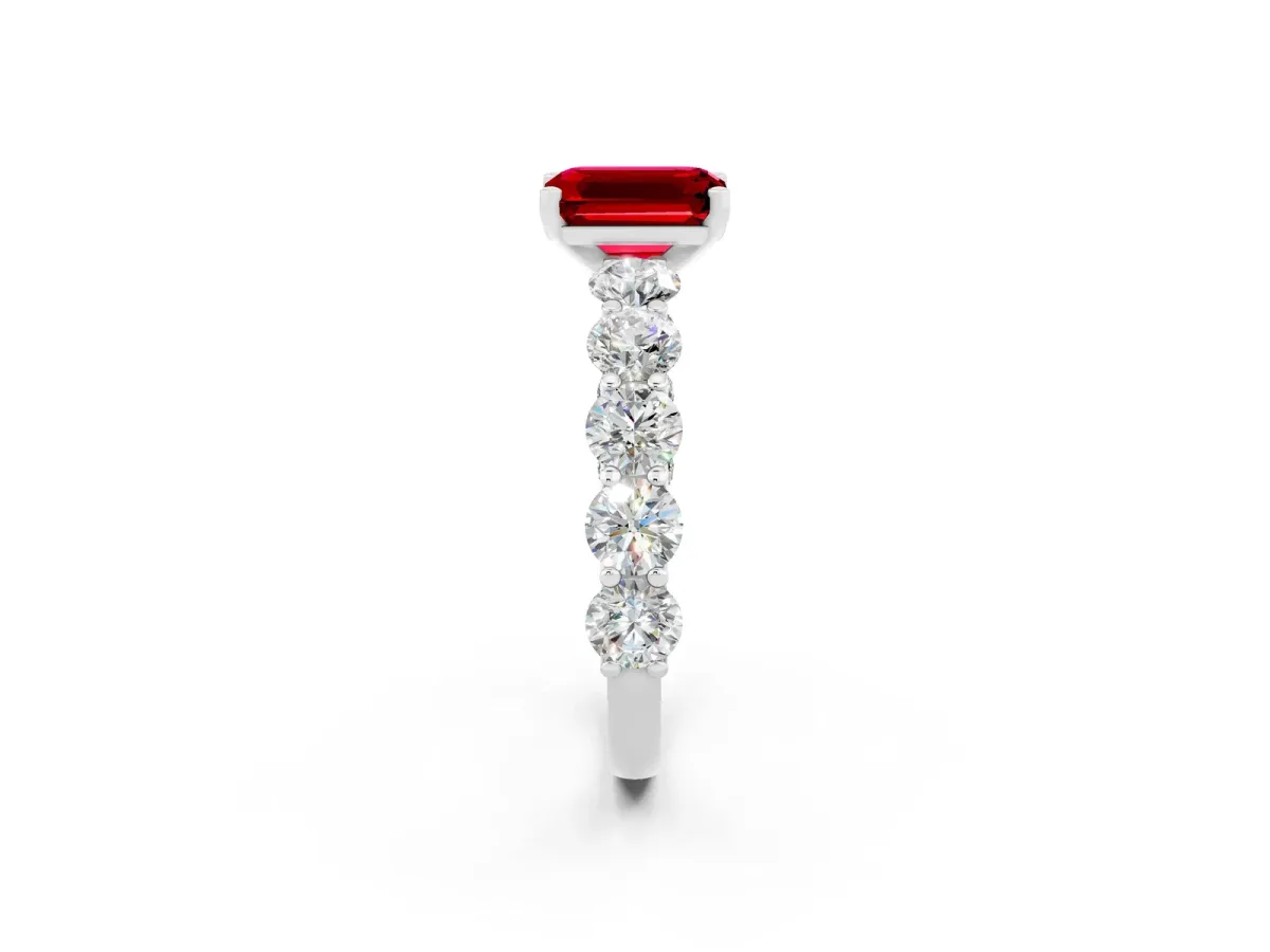 Emerald Cut Ruby Prong Setting with Side Stones on a Pave Band Platinum