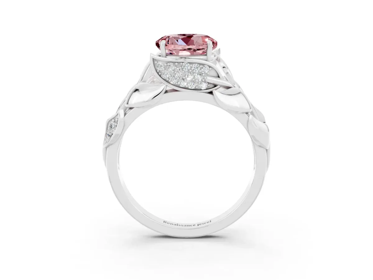 Round Cut Morganite Leaf-Inspired Engagement Ring with Round Accents and Prong Setting Silver