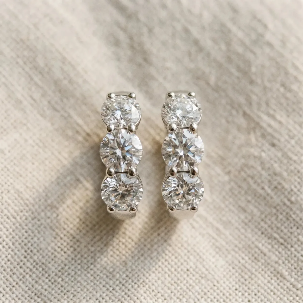 Triple Round Diamond Huggie Earrings with Prong Setting Silver