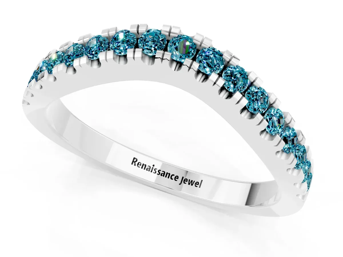 Round Blue Topaz Pavé Curved Band with Shared Prong Setting Silver