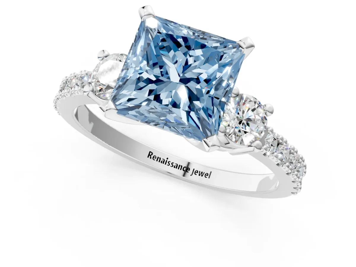 Fancy Blue Princess Cut Cut Three-Stone Diamond Pavé Band with Prong Setting Platinum