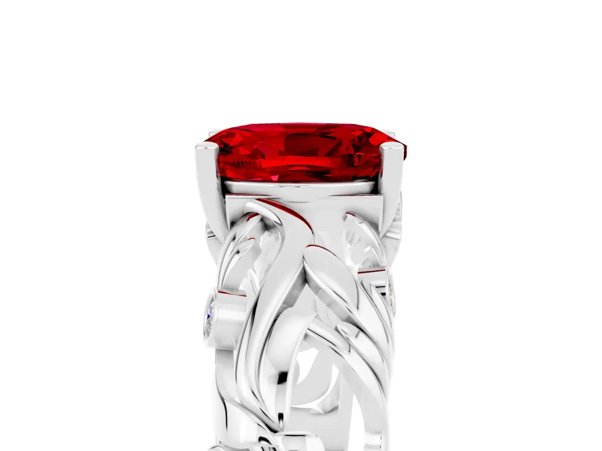 Oval Cut Solitaire Ruby Leaf-Inspired Vine Band Ring with Prong Setting White gold