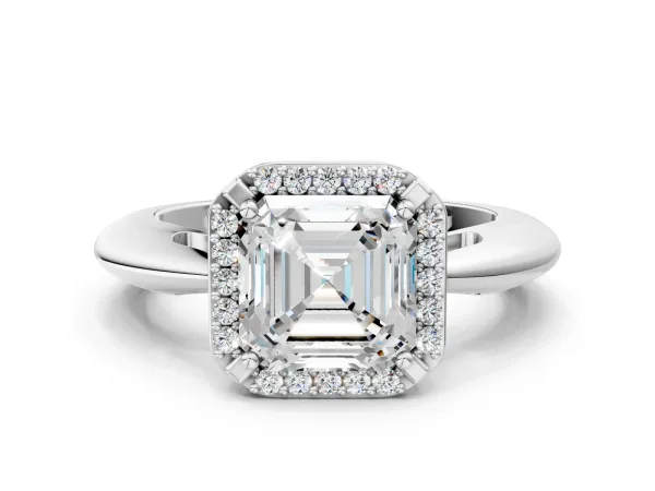 Asscher Cut Cut Diamond Halo Engagement Ring with Split Shank and Four-Prong Setting Platinum