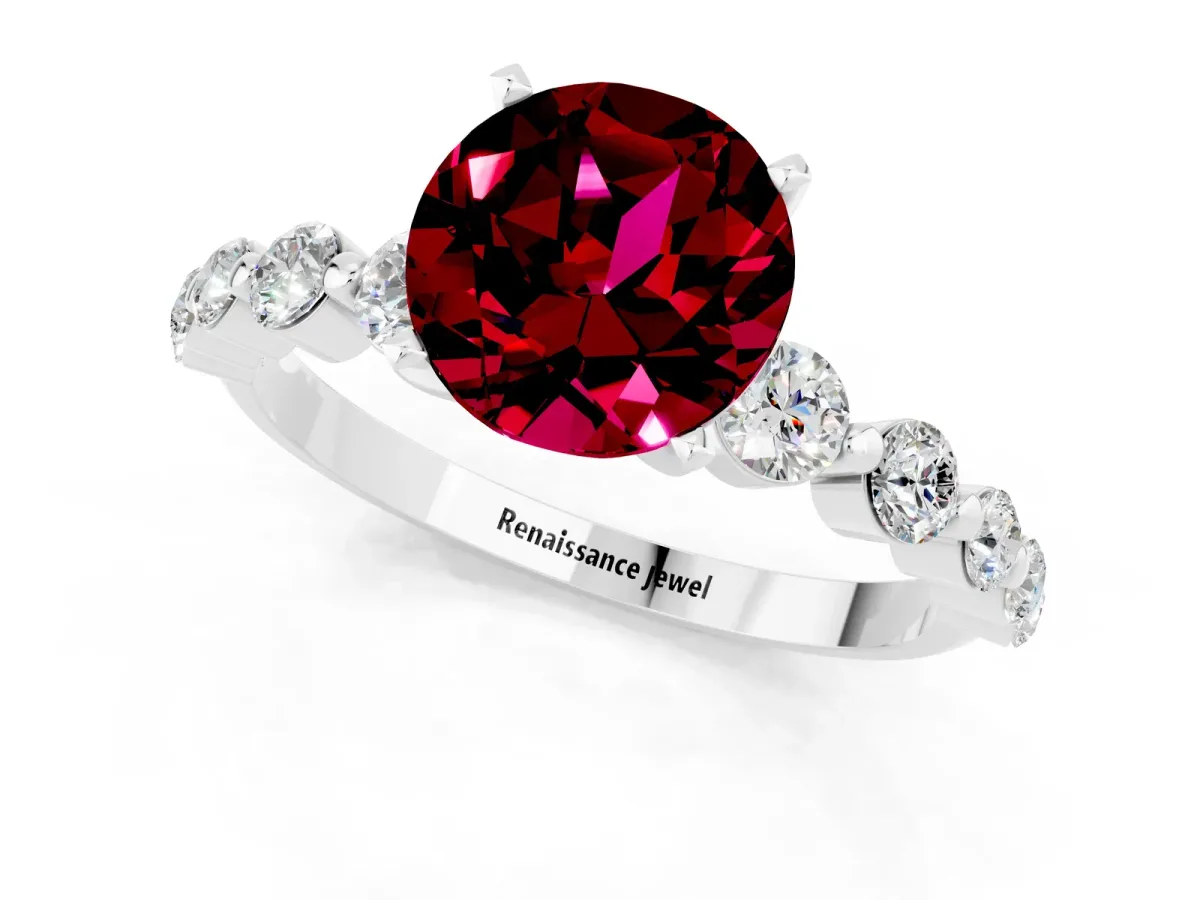 Round Cut Solitaire Garnet Ring with Pave Band and Four-Prong Setting Silver