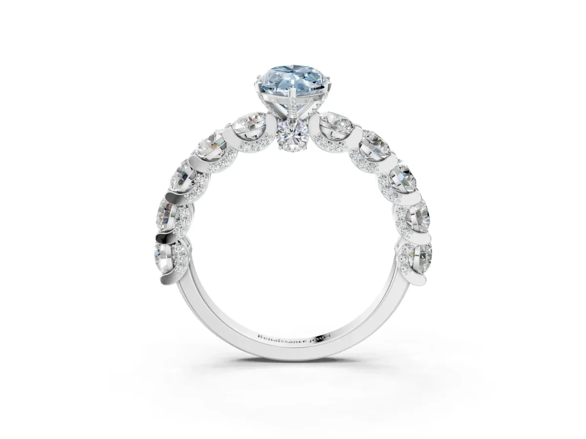 Fancy Blue Marquise Cut Diamond Side Stone Engagement Ring with Four-Prong Setting White gold