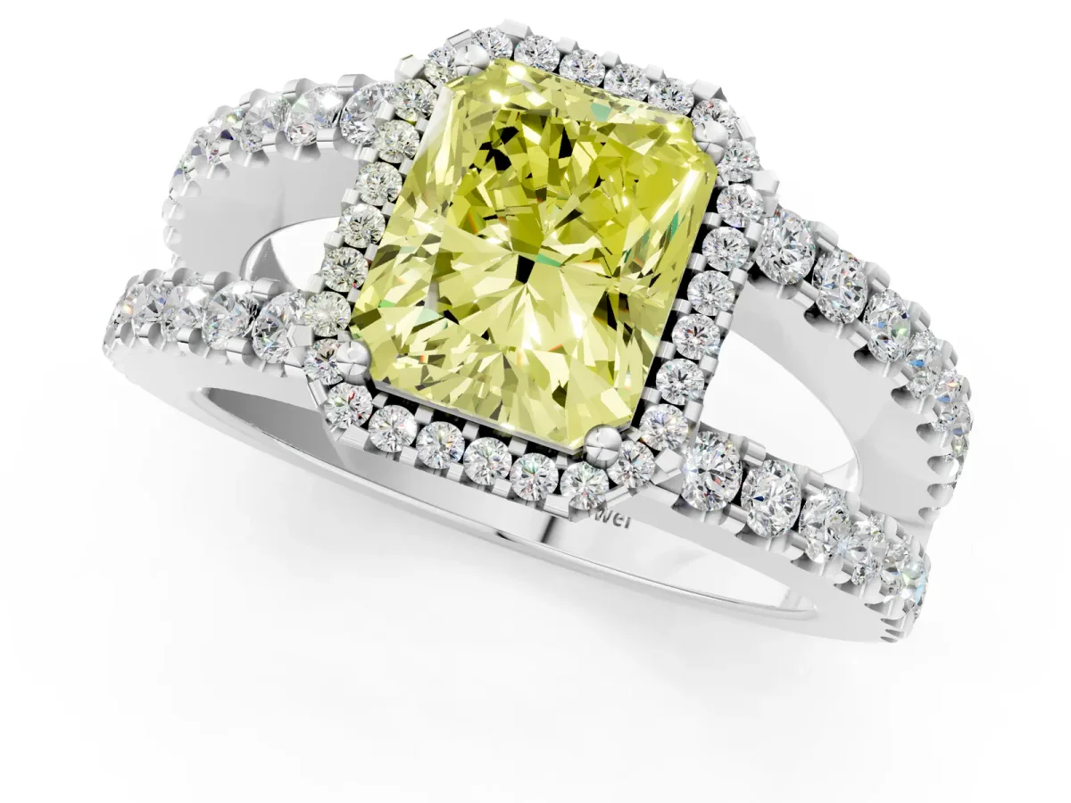 Fancy Yellow Radiant Cut Cut Halo Split Shank Diamond Ring with Four-Prong Setting Platinum