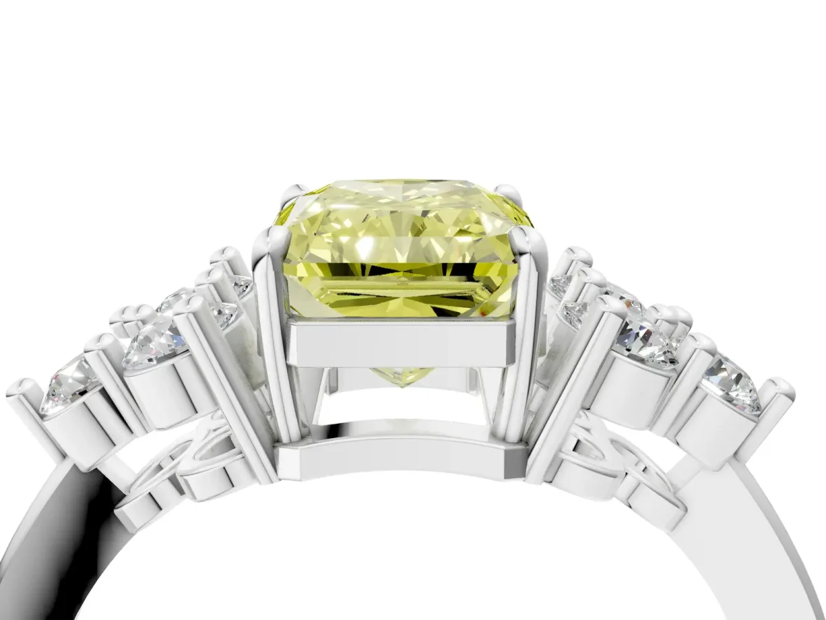 Fancy Yellow Radiant Cut Brilliant Diamond Cluster Accent Solitaire Ring with Prong Setting Platinum