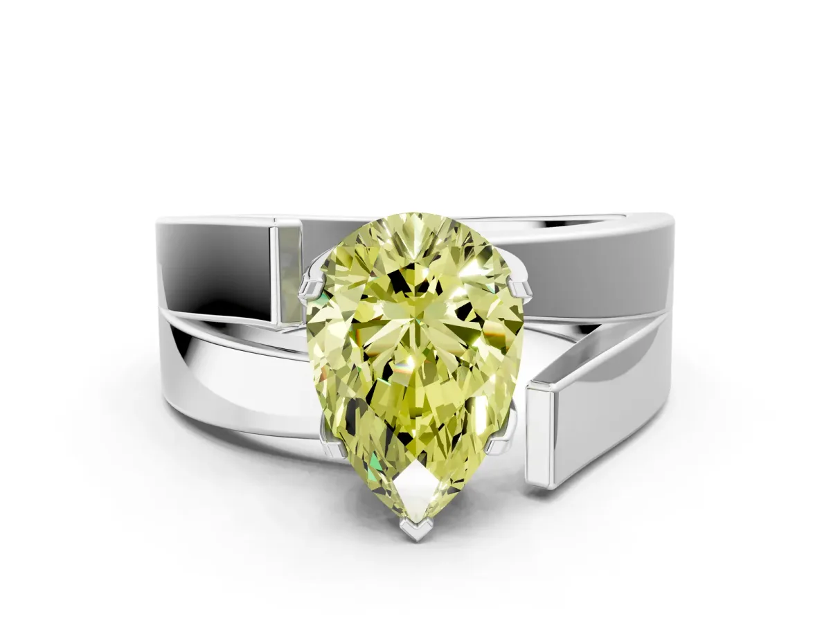 Fancy Yellow Modern Tension Set Pear Cut Diamond Solitaire Wide Band Ring Silver
