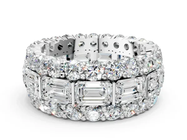 Emerald Cut and Round Diamond Three-Row Eternity Mens Band Platinum