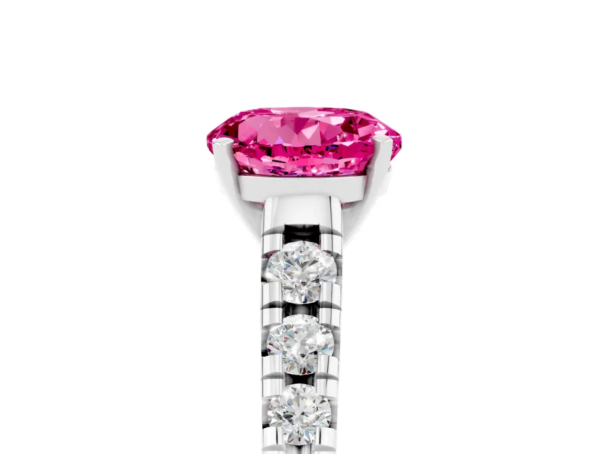Round Cut Pink Sapphire Cathedral Solitaire Ring with Round Pavé Band Silver