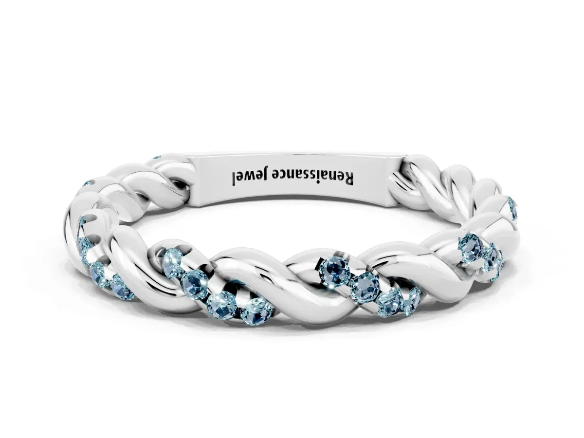 Twisted Pavé Round Aquamarine Eternity Band Platinum