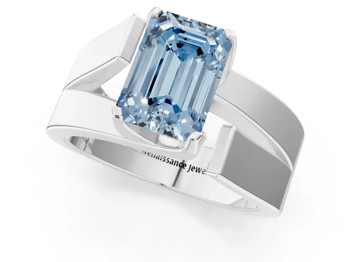 Fancy Blue Modern Tension Set Emerald Cut Diamond Solitaire Wide Band Ring Silver