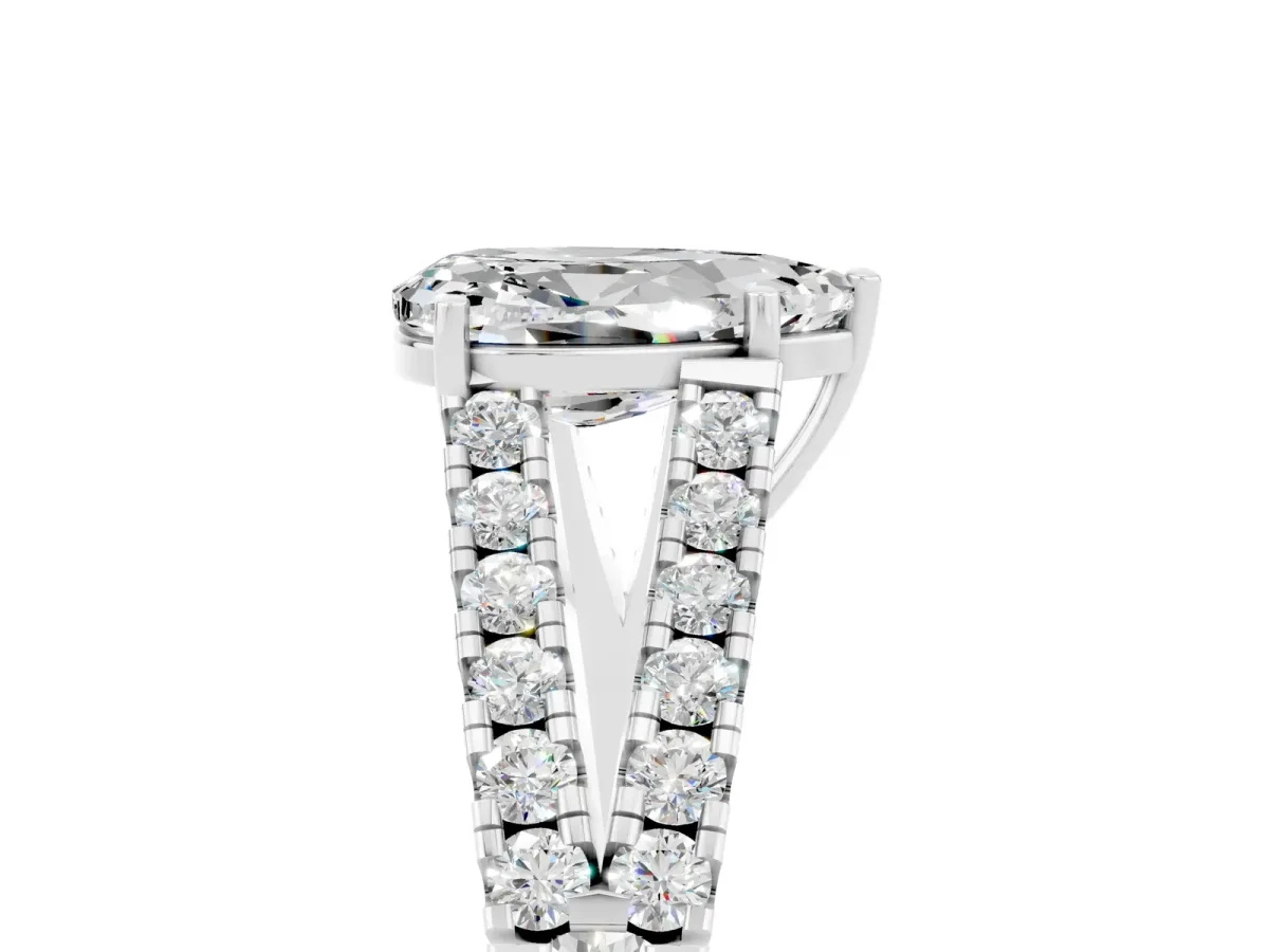 Pear Cut Moissanite Split Shank Engagement Ring with Round Pavé and Prong Setting Platinum