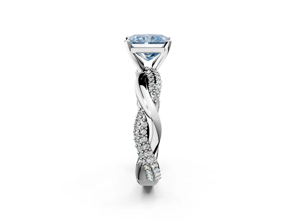 Fancy Blue Radiant Cut Solitaire Twist Band with Pave Prong Setting Platinum