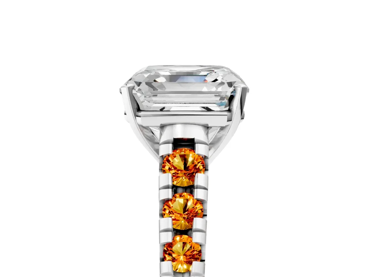 Asscher Cut Diamond Cathedral Solitaire Ring with Round Citrine Pavé Band Silver