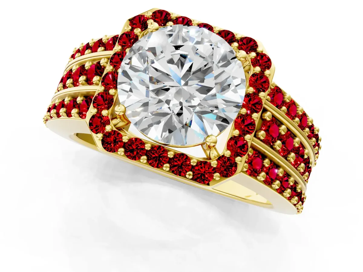 Round Cut Halo Diamond Ring with Round Ruby Split Shank and Prong Setting Yellow gold