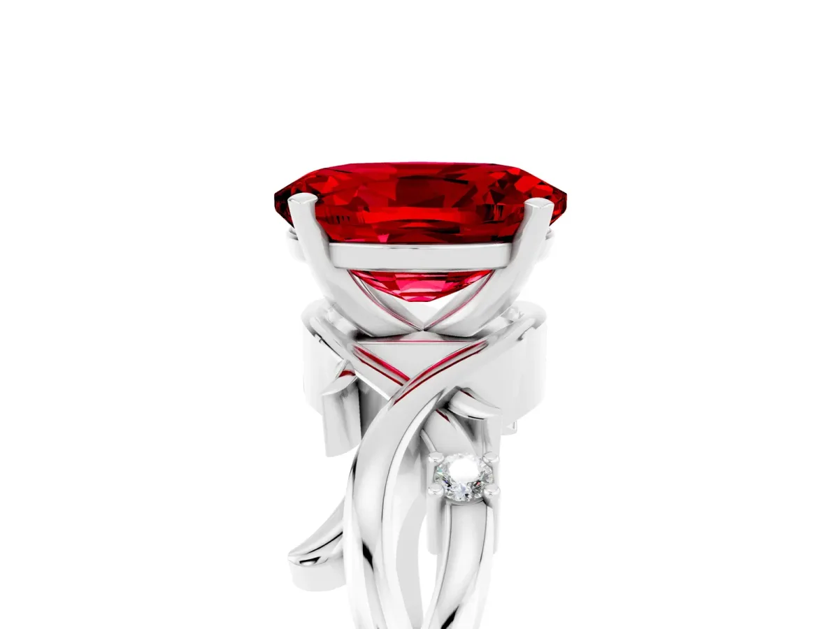 Oval Cut Ruby Solitaire Ring with Twisted Band and Prong Setting Platinum