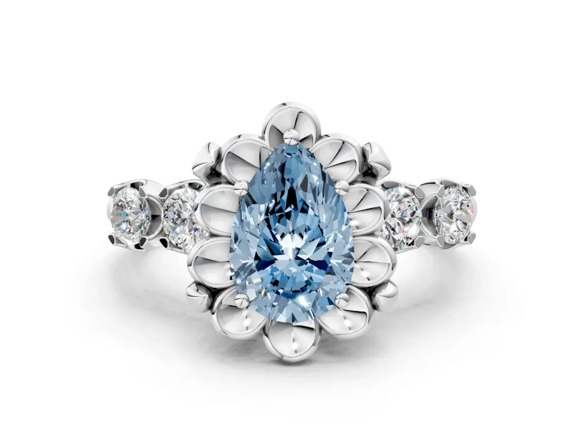 Fancy Blue Pear Cut Cut Diamond Floral Halo Engagement Ring with Shared Prong Setting Silver