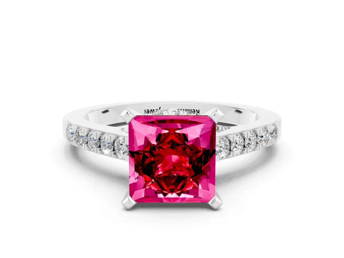 Princess Cut Ruby Solitaire Ring with Crossover Gallery and Round Pavé Band Platinum
