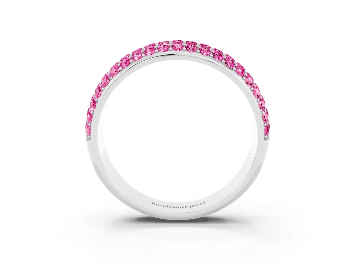 Three-Row Round Pink Sapphire Eternity Band with Shared Prong Setting White gold