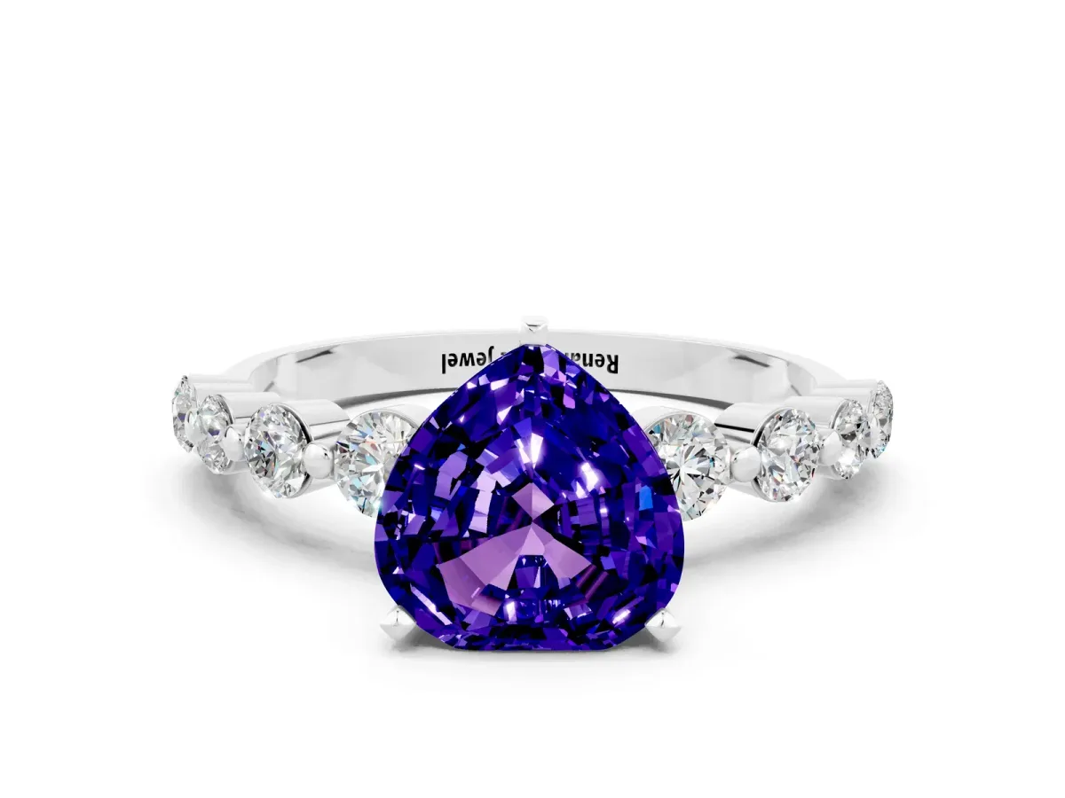 Heart Cut Solitaire Tanzanite Ring with Pave Band and Four-Prong Setting Silver