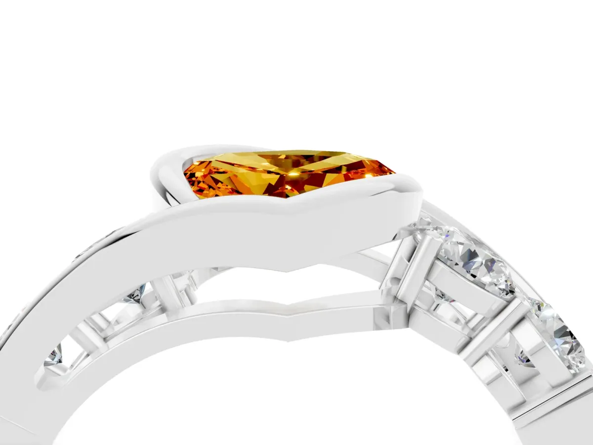Bezel Set Heart Cut Citrine Bypass Ring with Round Accents Silver