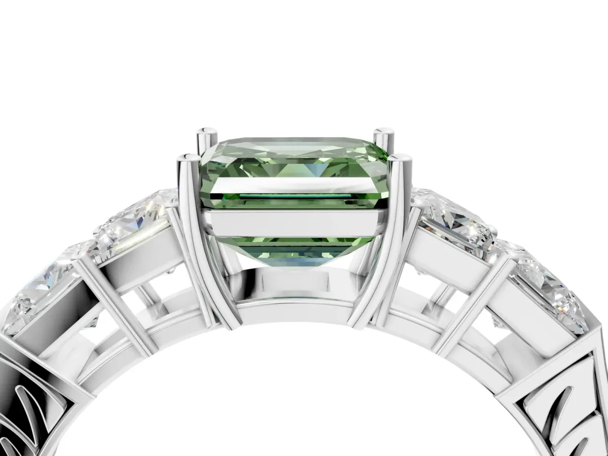Fancy Green Asscher Cut Solitaire Princess Side Stone Engraved Band Prong Setting Ring Platinum