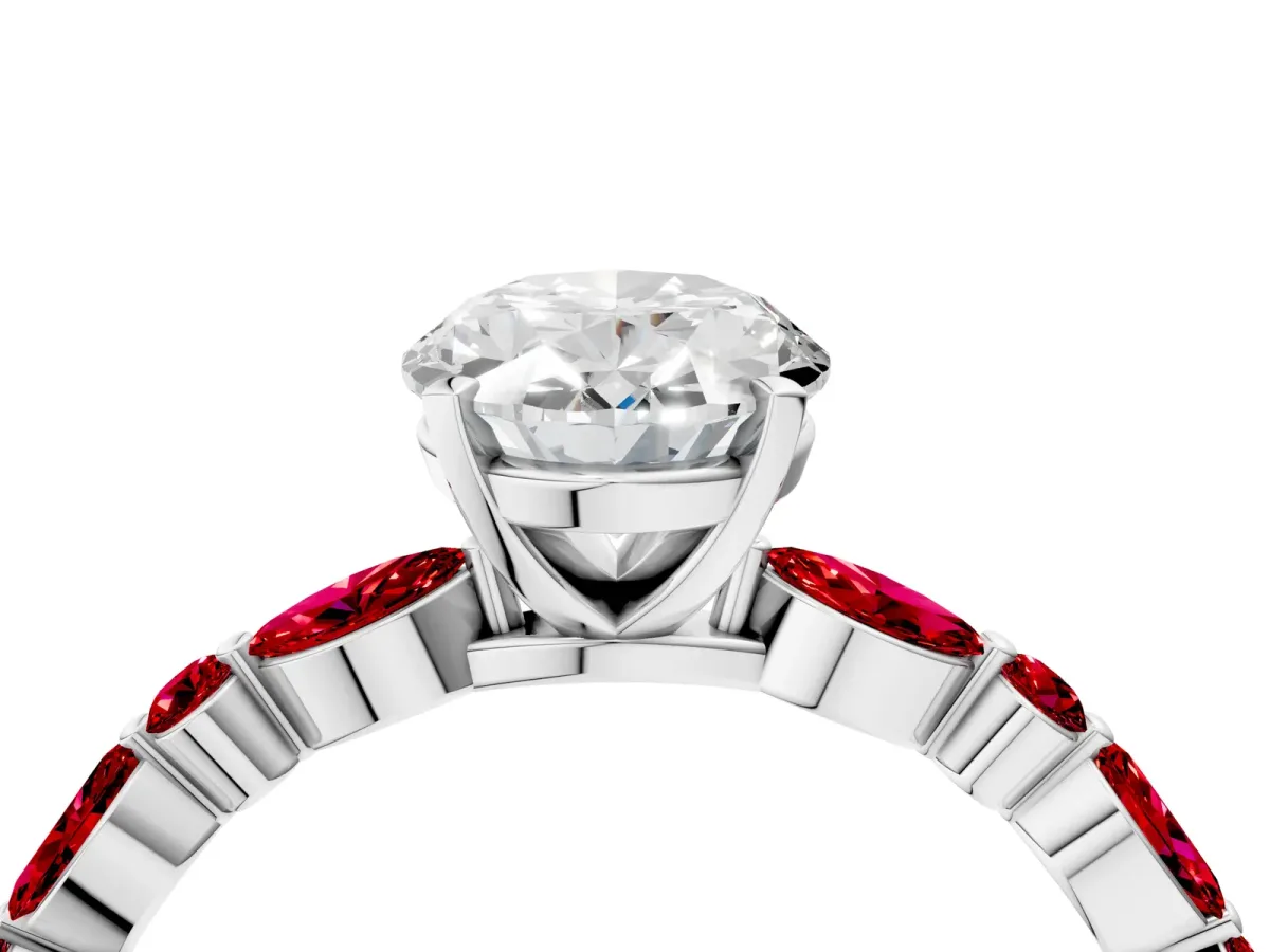 Oval Cut Diamond Ring with Marquise and Round Ruby Side Stones and Four-Prong Setting Platinum