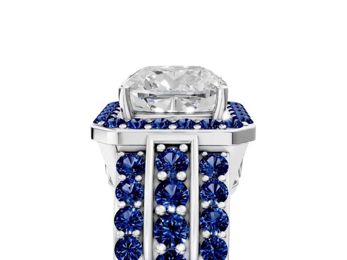 Cushion Cut Halo Diamond Ring with Round Blue Sapphire Split Shank and Prong Setting Silver