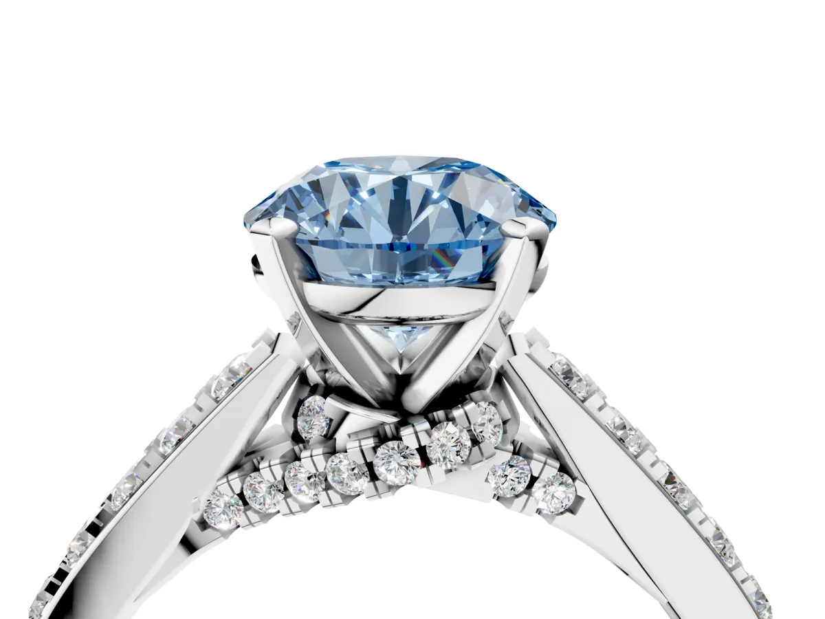 Fancy Blue Round Cut Diamond Solitaire Ring with Crossover Gallery and Round Pavé Band Silver