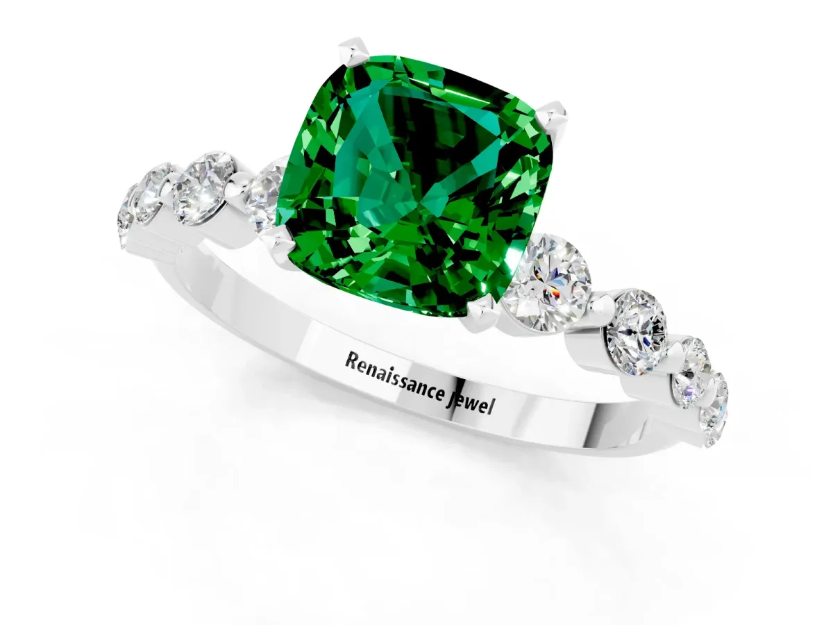 Cushion Cut Solitaire Emerald Ring with Pave Band and Four-Prong Setting Platinum