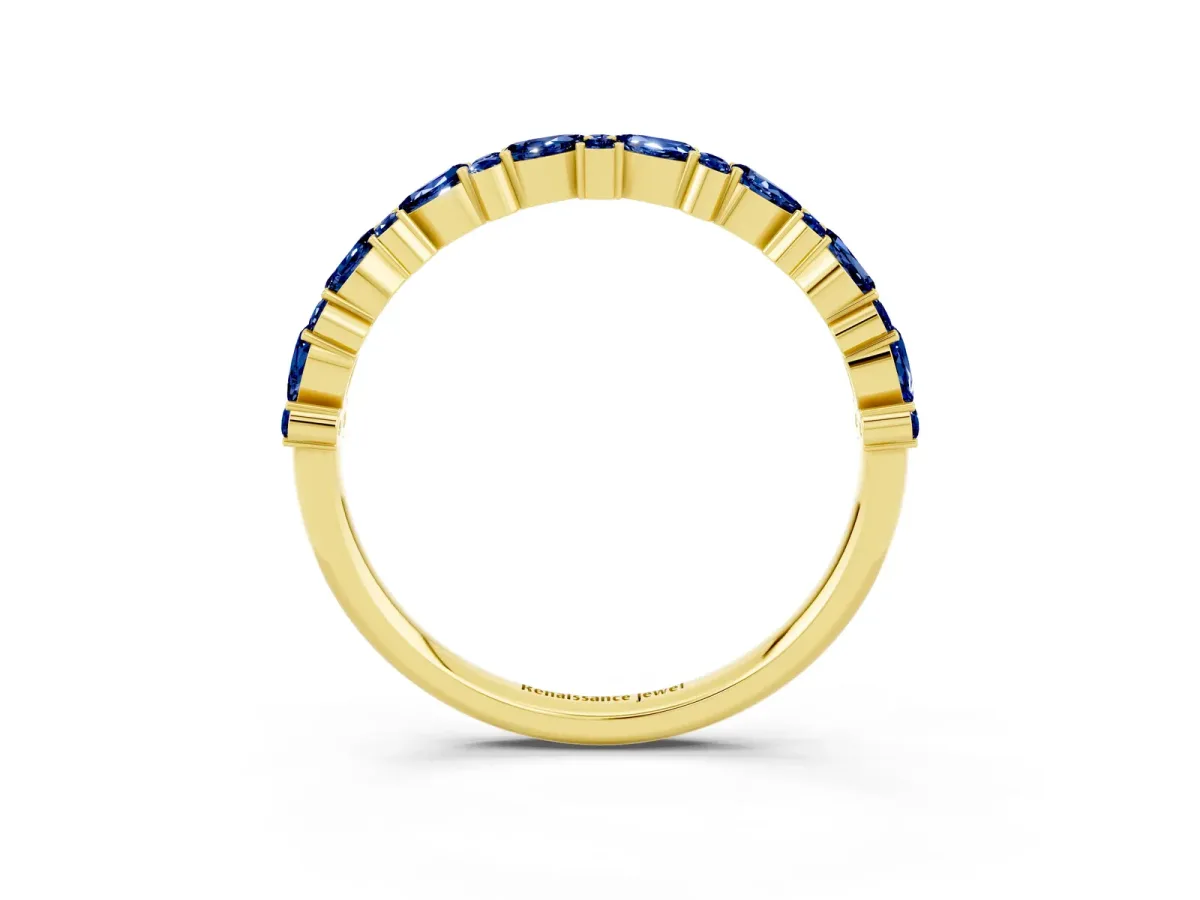 Pear and Round Blue Sapphire Wedding Band Yellow gold