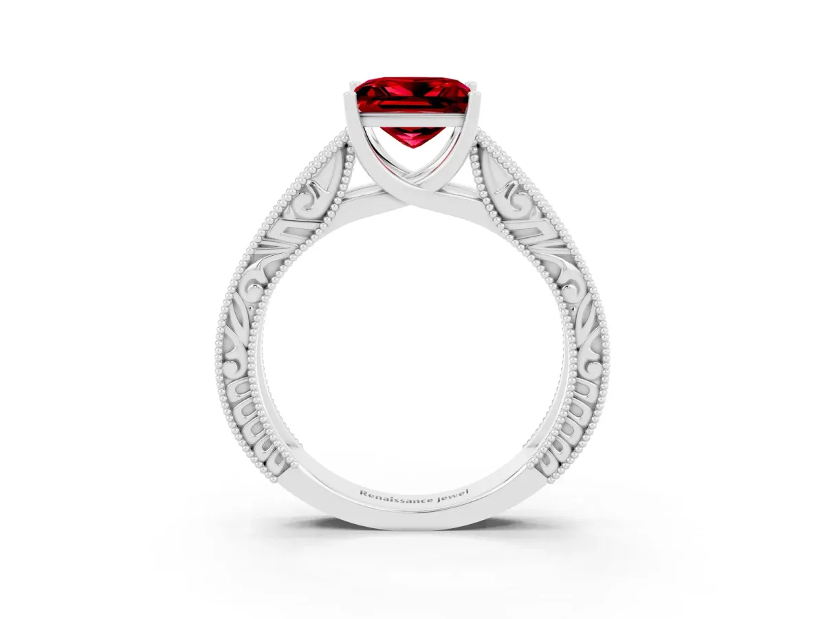 Princess Cut Ruby Solitaire Ring with Engraved Band and Four-Prong Setting White gold