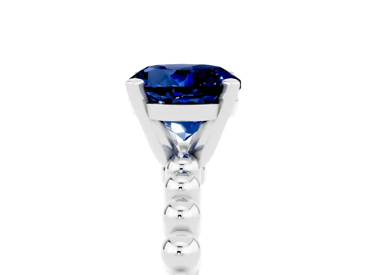 Round Cut Blue Sapphire Solitaire Ring with Beaded Band and Prong Setting Silver
