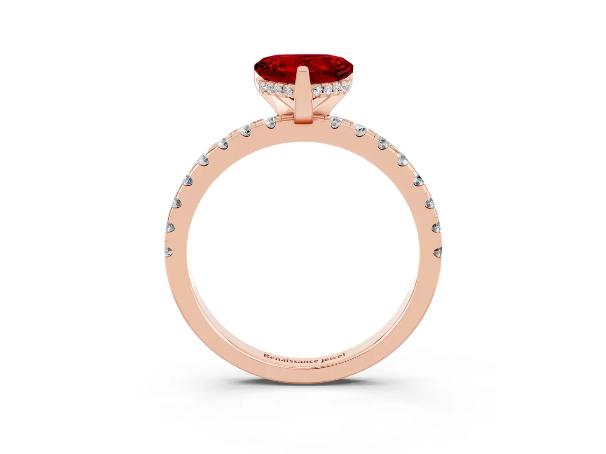 Heart Cut Ruby Solitaire Ring with Round Pavé Band and Four-Prong Setting Rose gold