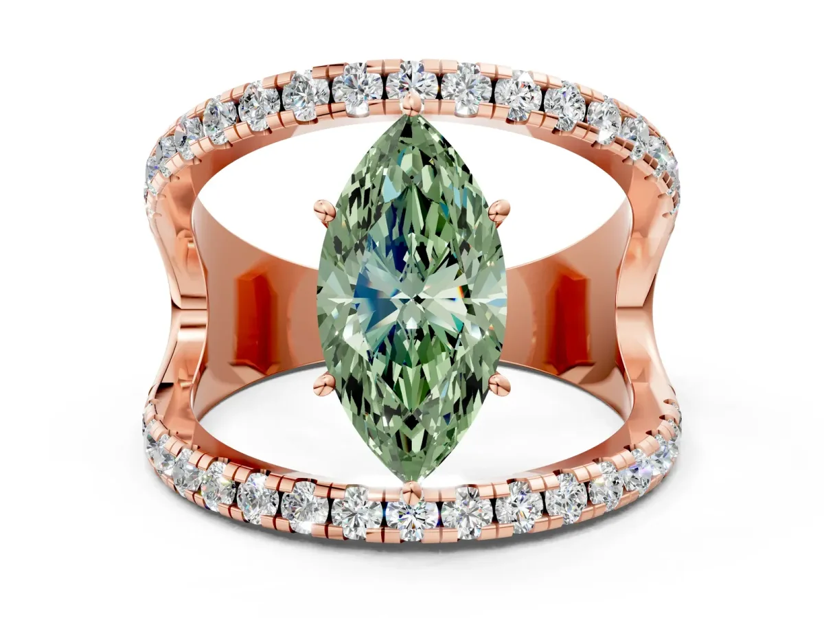Fancy Green Marquise Cut Solitaire Split Shank Pave Diamond Ring Rose gold