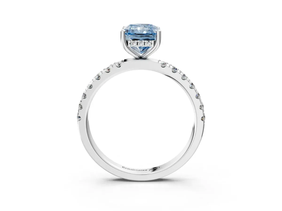 Fancy Blue Radiant Cut Diamond Pave Band Solitaire Ring with Round and Prong Setting Silver